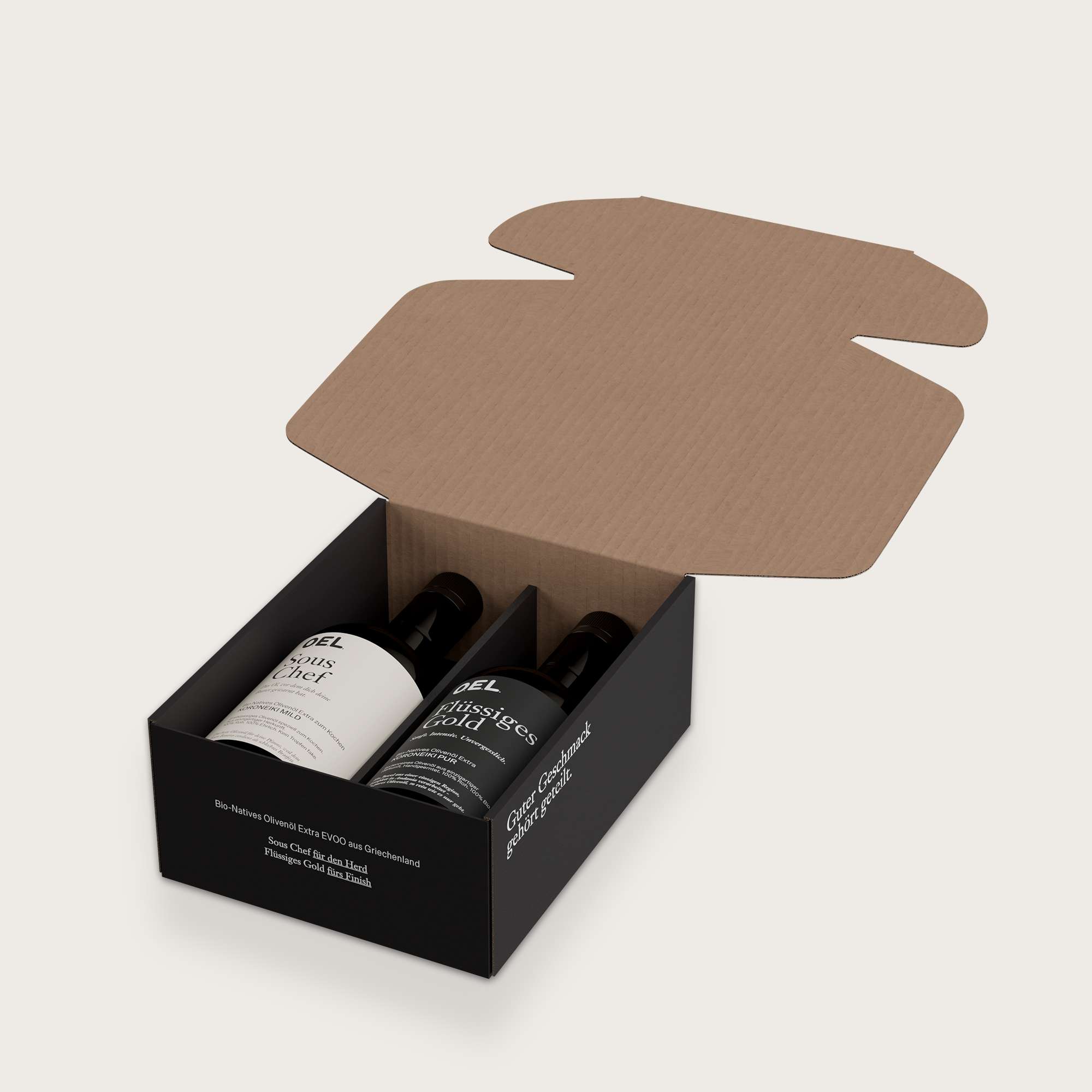 Geschenkbox Glasflaschen Duo – Flüssiges Gold & Sous Chef