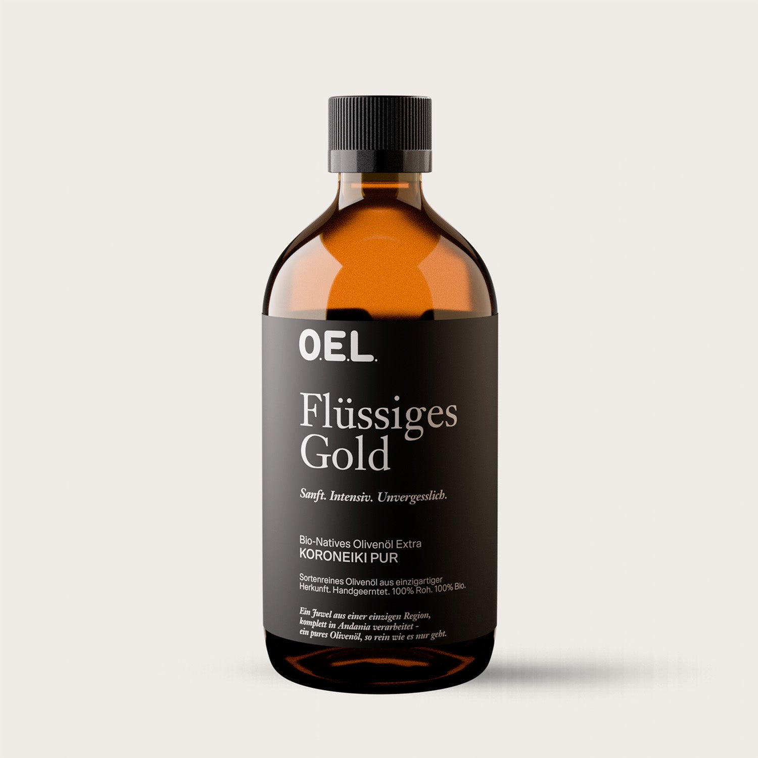 Flüssiges Gold, sehr gutes Olivenöl extra nativ aus Bio Anbau in einer Design Glasflasche wie Apothekerflasche