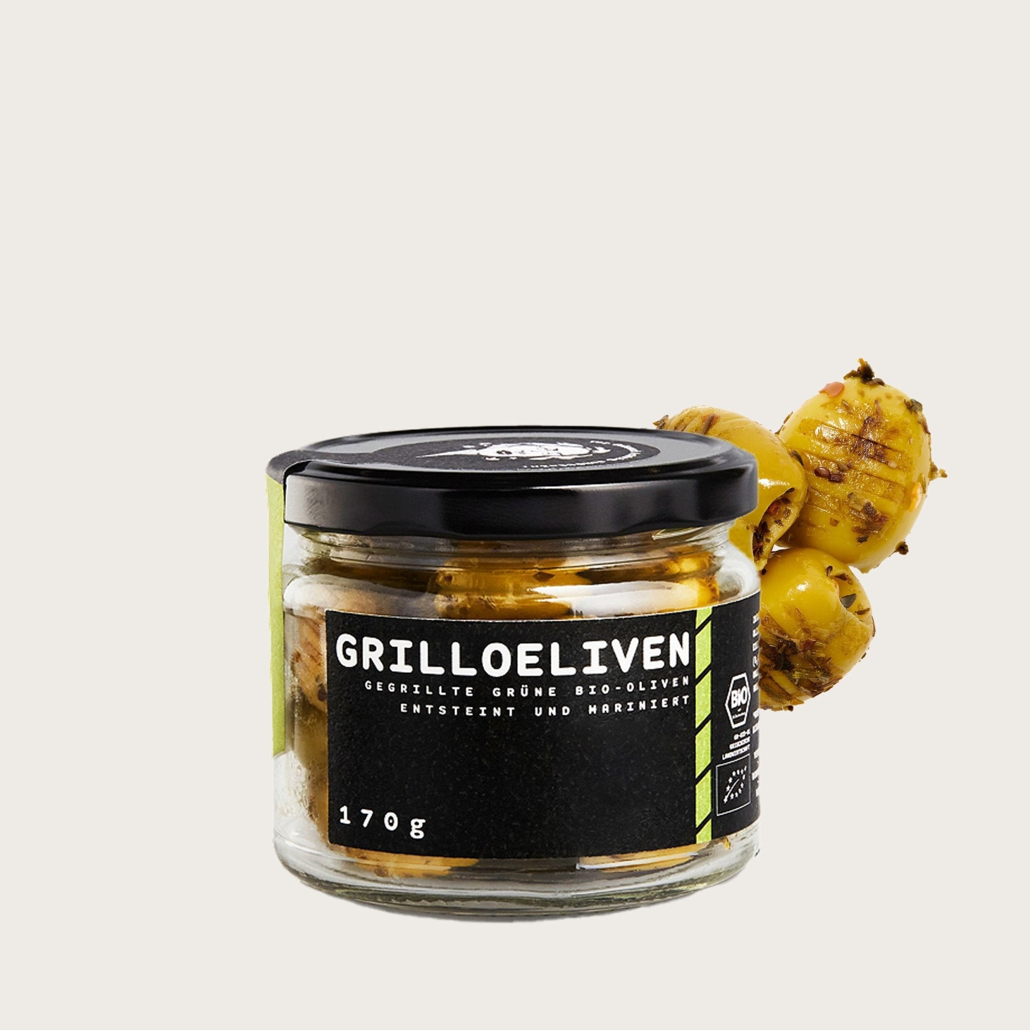 GRILLOELIVEN 170 g - Gegrillte grüne Bio Oliven - OEL - Griechische Produkte und Olivenöl - Bestandsartikel red. MWST (7%) - Paraskevopoulos A.E.