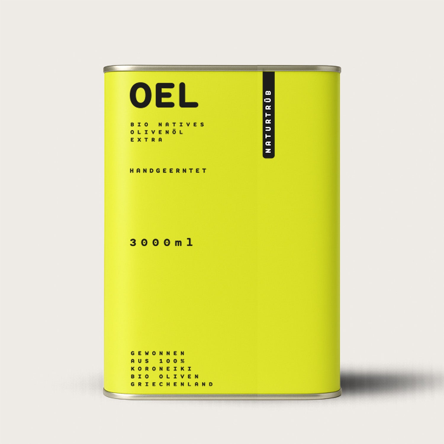 Grüner Kanister mit drei Liter ungefiltertem, natutrübem Oliven extra nativ aus Bio Anbau in Griechenland in modernem Design