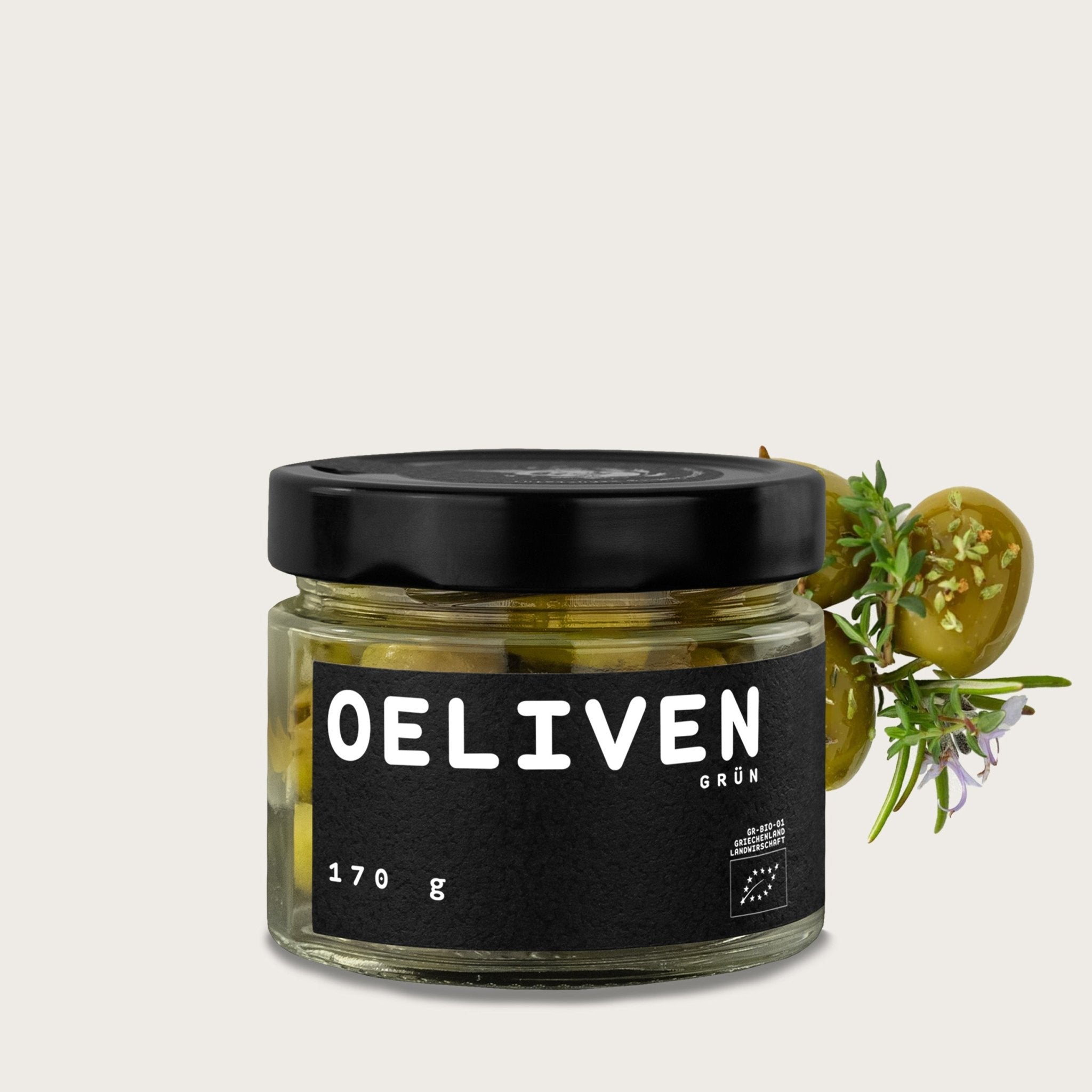 OELiven Grün 170 g - Grüne Bio Oliven mit Kräutern - OEL - Griechische Produkte und Olivenöl - Bestandsartikel red. MWST (7%) - OEL Olivenprodukte