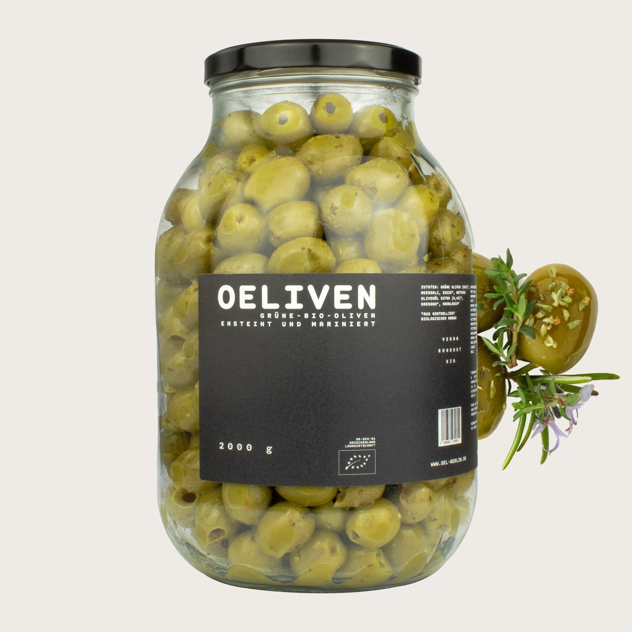 OELiven Grün 2.000 g - Grüne Bio Oliven mit Kräutern - OEL - Griechische Produkte und Olivenöl - Bestandsartikel red. MWST (7%) - OEL Olivenprodukte