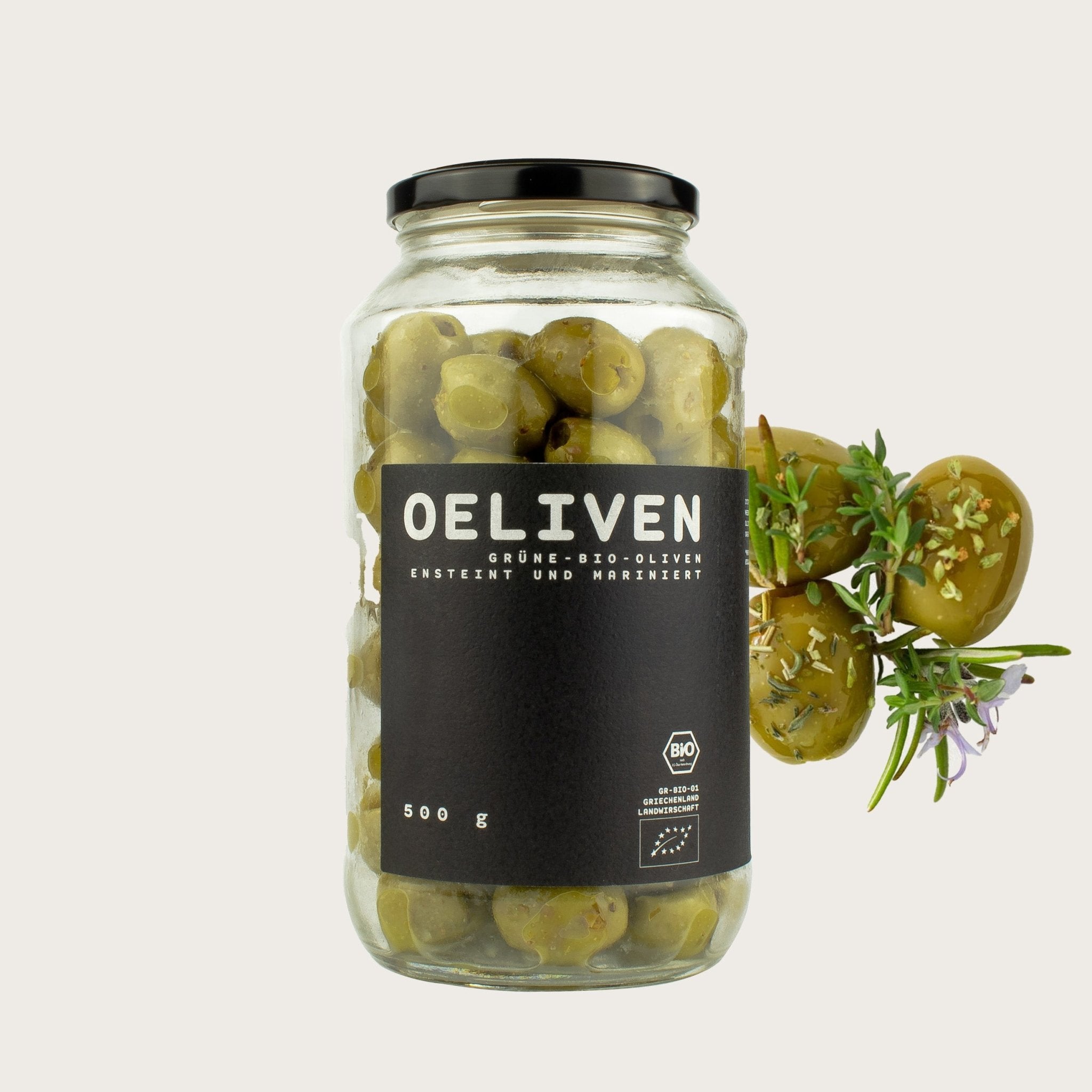 OELiven Grün 500 g - Grüne Bio Oliven mit Kräutern - OEL - Griechische Produkte und Olivenöl - Bestandsartikel red. MWST (7%) - OEL Olivenprodukte