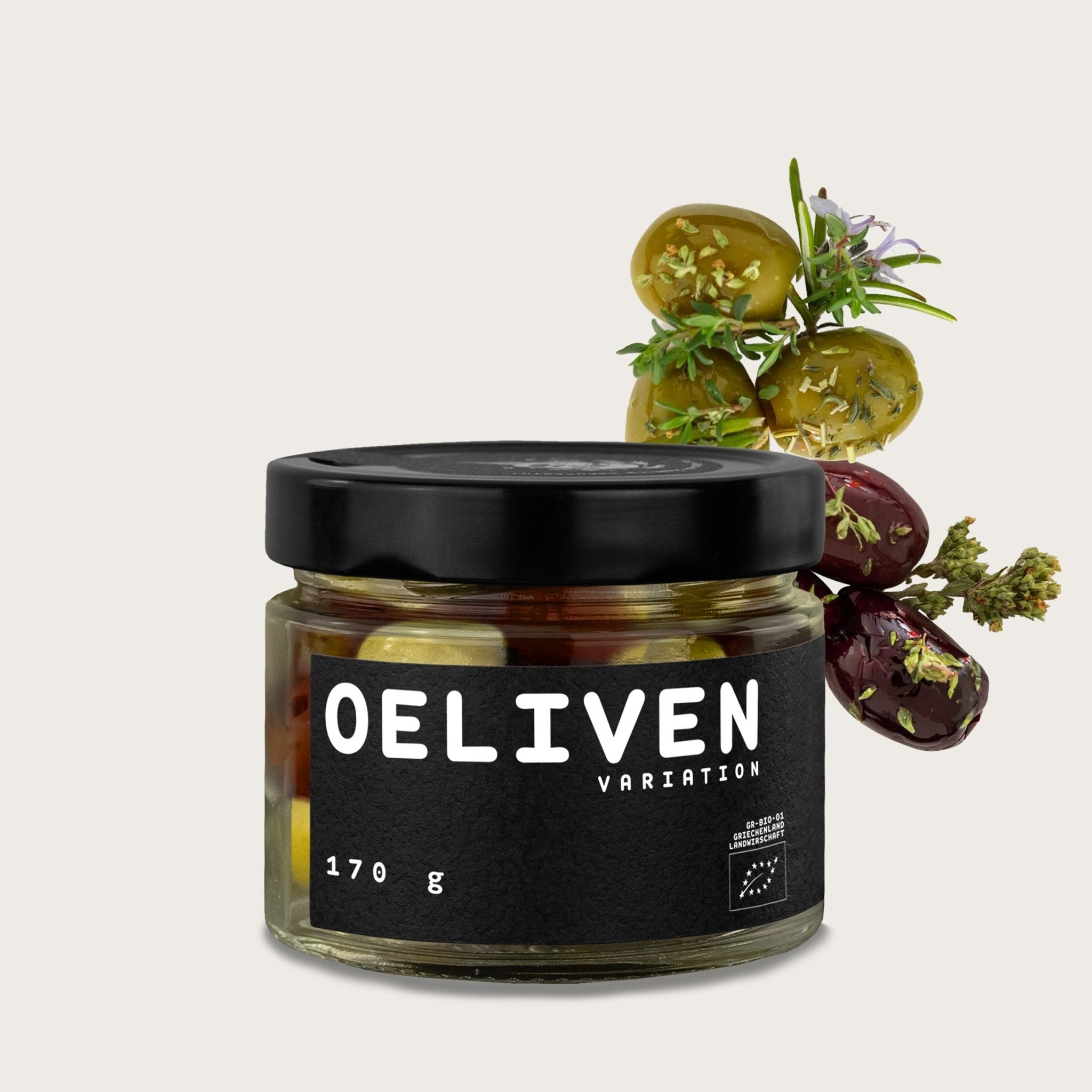 OELiven Mix-Variation 170 g - Gemischte Bio Oliven mit Kräutern - OEL - Griechische Produkte und Olivenöl - Bestandsartikel red. MWST (7%) - OEL Olivenprodukte