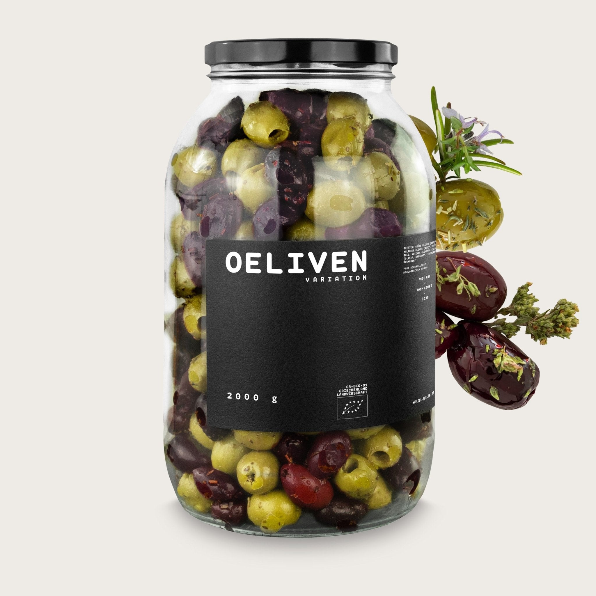 OELiven Mix-Variation 2.000 g - Gemischte Bio Oliven mit Kräutern - OEL - Griechische Produkte und Olivenöl - Bestandsartikel red. MWST (7%) - OEL Olivenprodukte