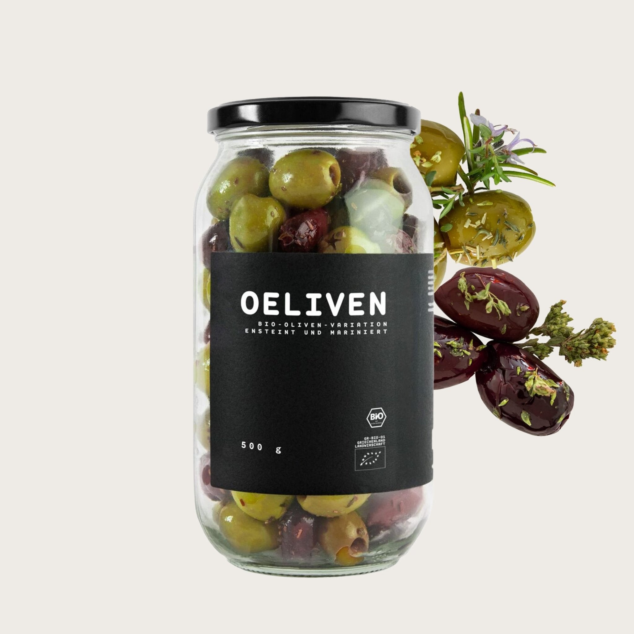 OELiven Mix-Variation 500 g - Gemischte Bio Oliven mit Kräutern - OEL - Griechische Produkte und Olivenöl - Bestandsartikel red. MWST (7%) - OEL Olivenprodukte