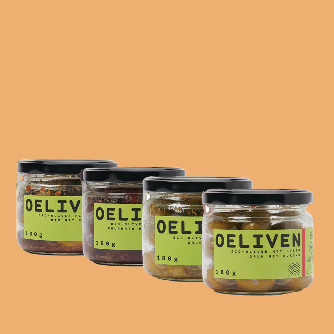 Frisch! OELiven mit Stein - OEL - Griechische Produkte und Olivenöl - Probiersets - Spar-Kits
