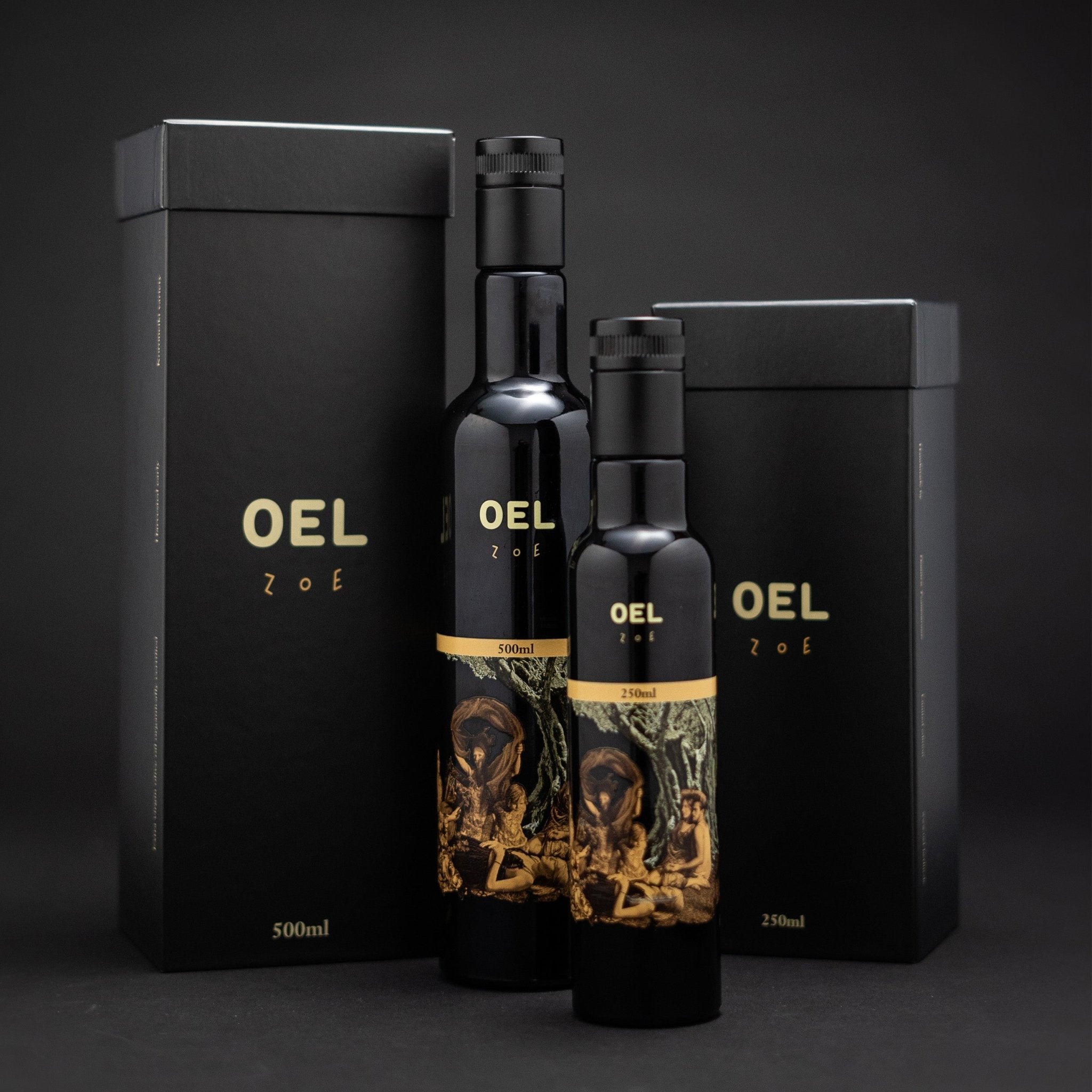 Edle Olivenöle in Geschenkverpackung mit einem Kunstwerk von Dimitris Tzamouranis