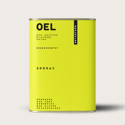  Grüner Kanister mit drei Liter ungefiltertem, natutrübem Oliven extra nativ aus Bio Anbau in Griechenland  in modernem Design