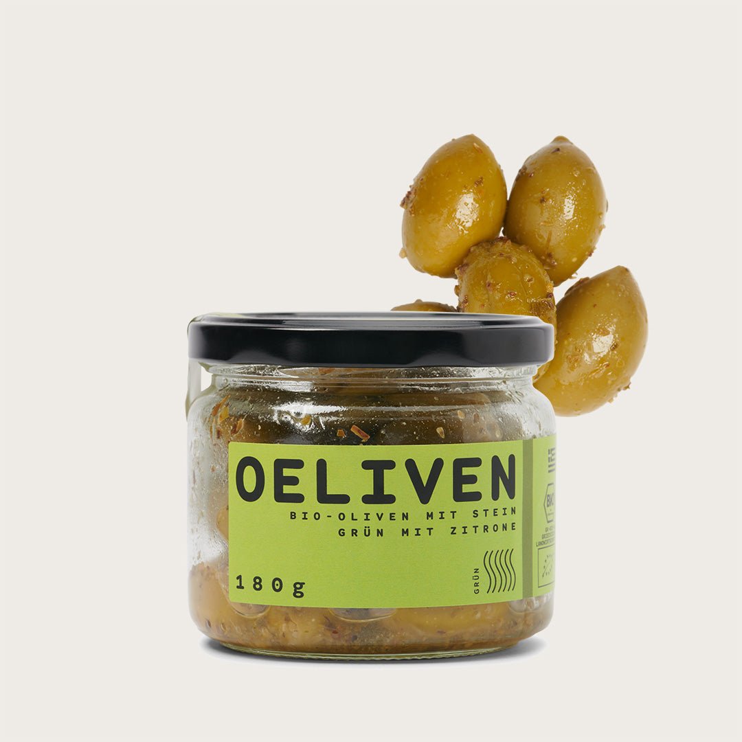 OELiven mit Stein - Grün mit Zitrone - 180 g - OEL - Griechische Produkte und Olivenöl - Oliven - OEL Olivenprodukte