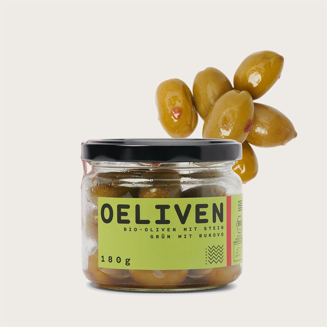 OELiven mit Stein - Grüne Oliven mit Bukovo - 180 g - OEL - Griechische Produkte und Olivenöl - Oliven - OEL Olivenprodukte