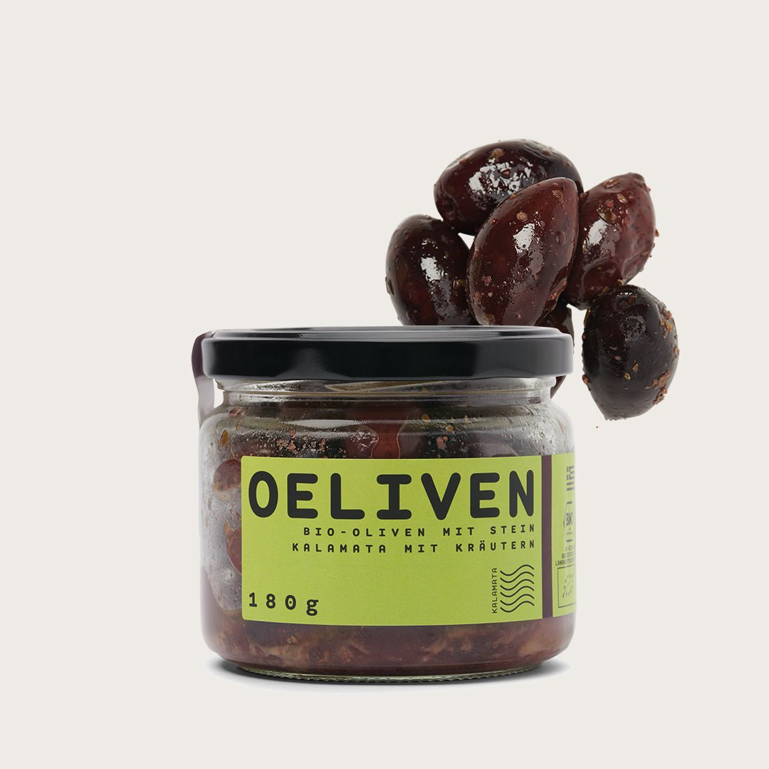 OELiven mit Stein - Kalamata mit Kräutern - 180 g - OEL - Griechische Produkte und Olivenöl - Oliven - OEL Olivenprodukte