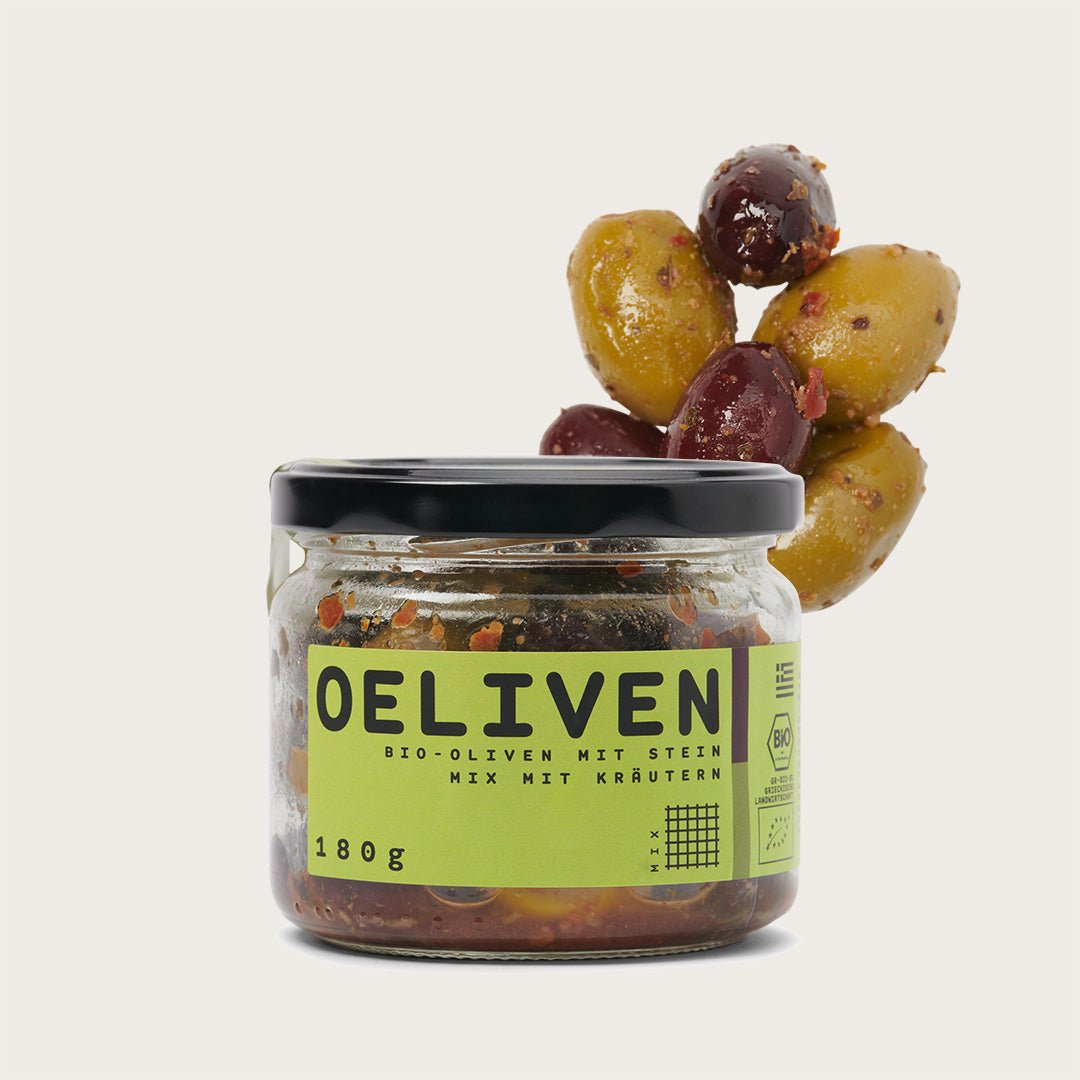 OELiven mit Stein - Mix mit Kräutern - 180 g - OEL - Griechische Produkte und Olivenöl - Oliven - OEL Olivenprodukte