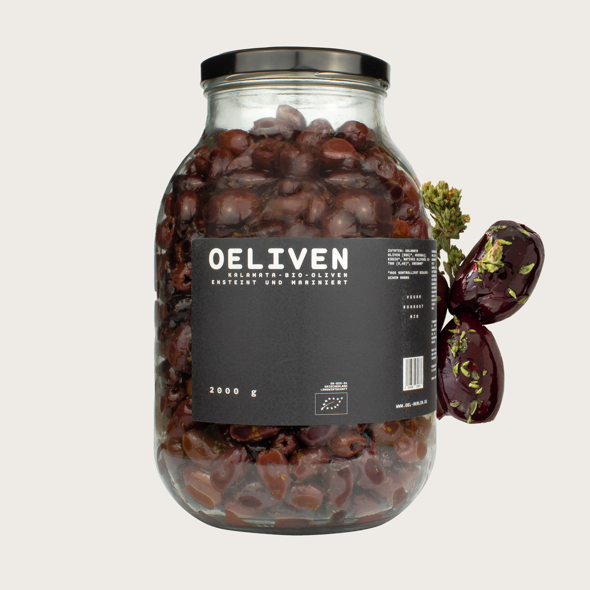 OELiven Kalamata 2,000 g - Organic Kalamata olives with herbs